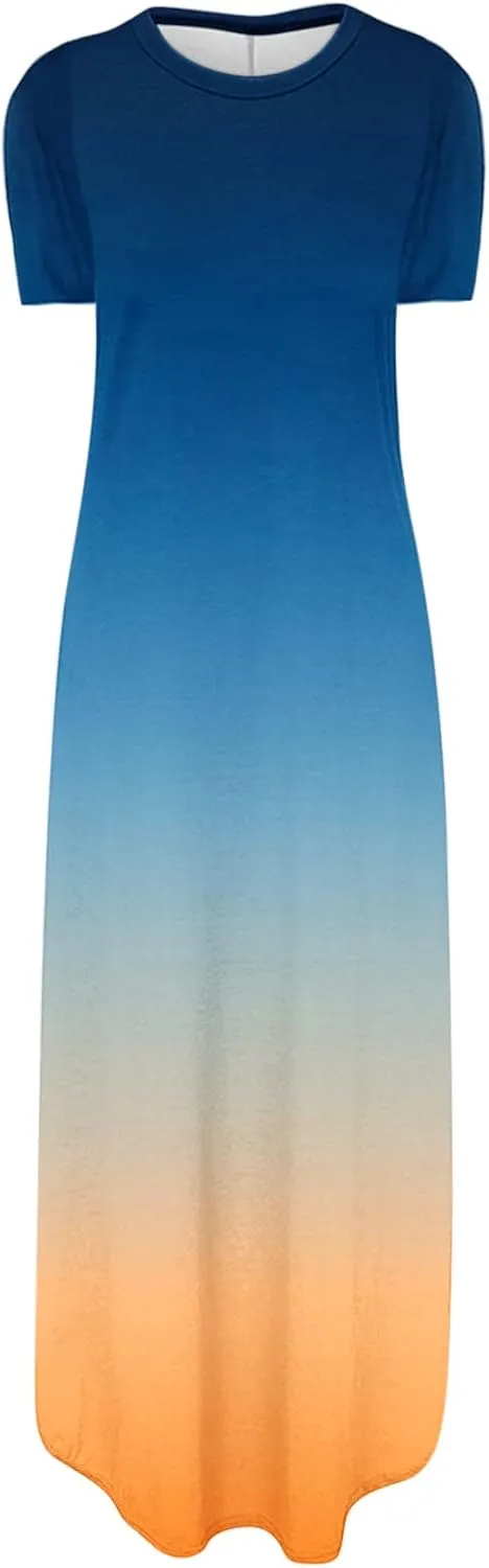 Womens Summer Maxi Dresses Short Sleeve Split Long Dress Gradient Tshirt Dresses Casual Beach Sundress with Pockets
