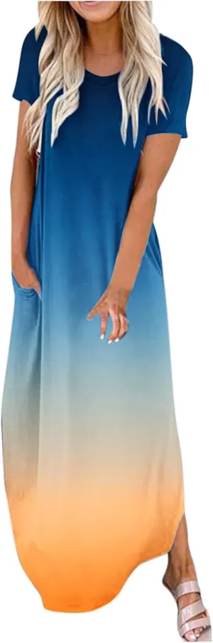 Womens Summer Maxi Dresses Short Sleeve Split Long Dress Gradient Tshirt Dresses Casual Beach Sundress with Pockets