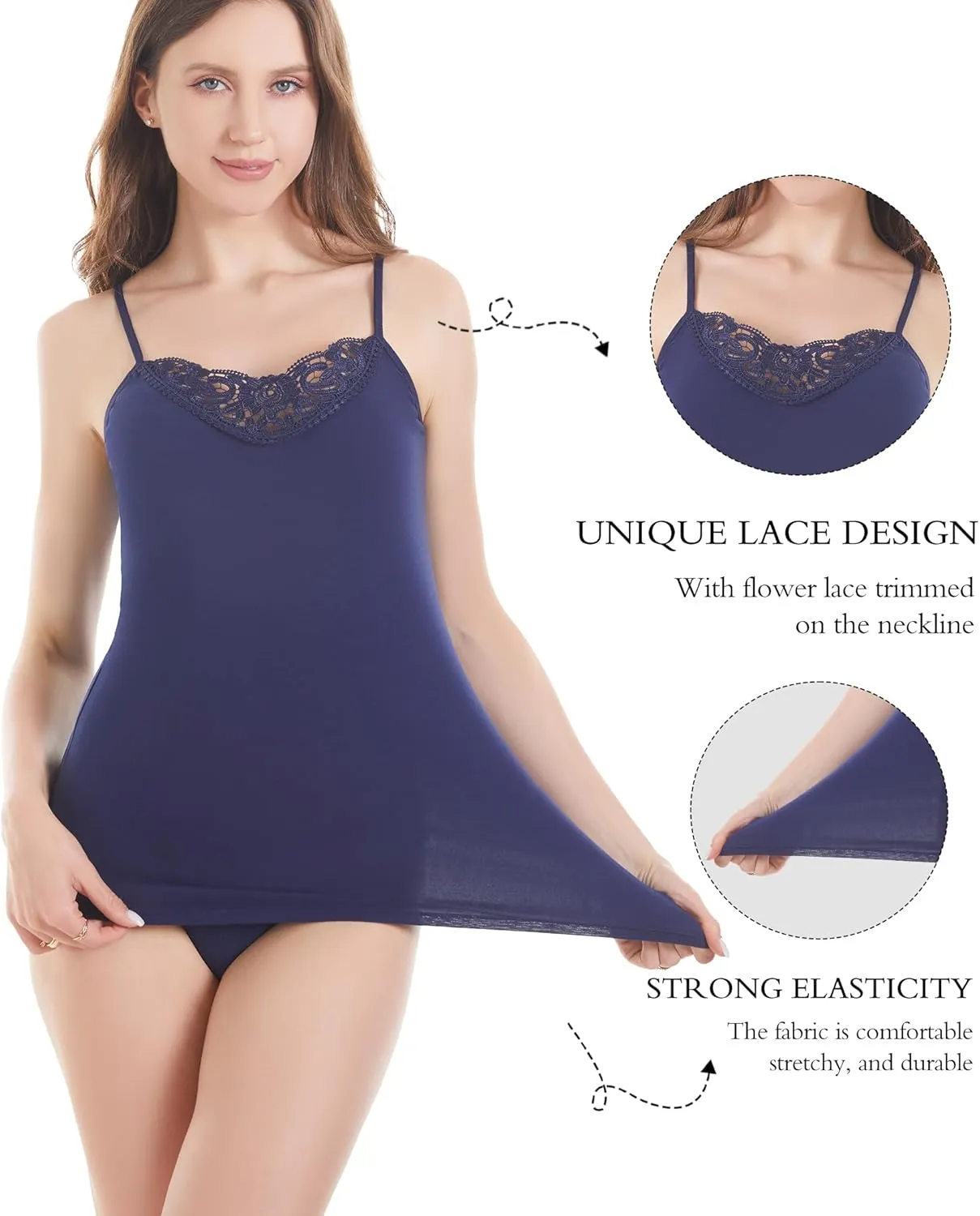 Womens Tank Top Camisoles with Premium Cotton Italian Design - Trimmed with Flower Lace on Neckline