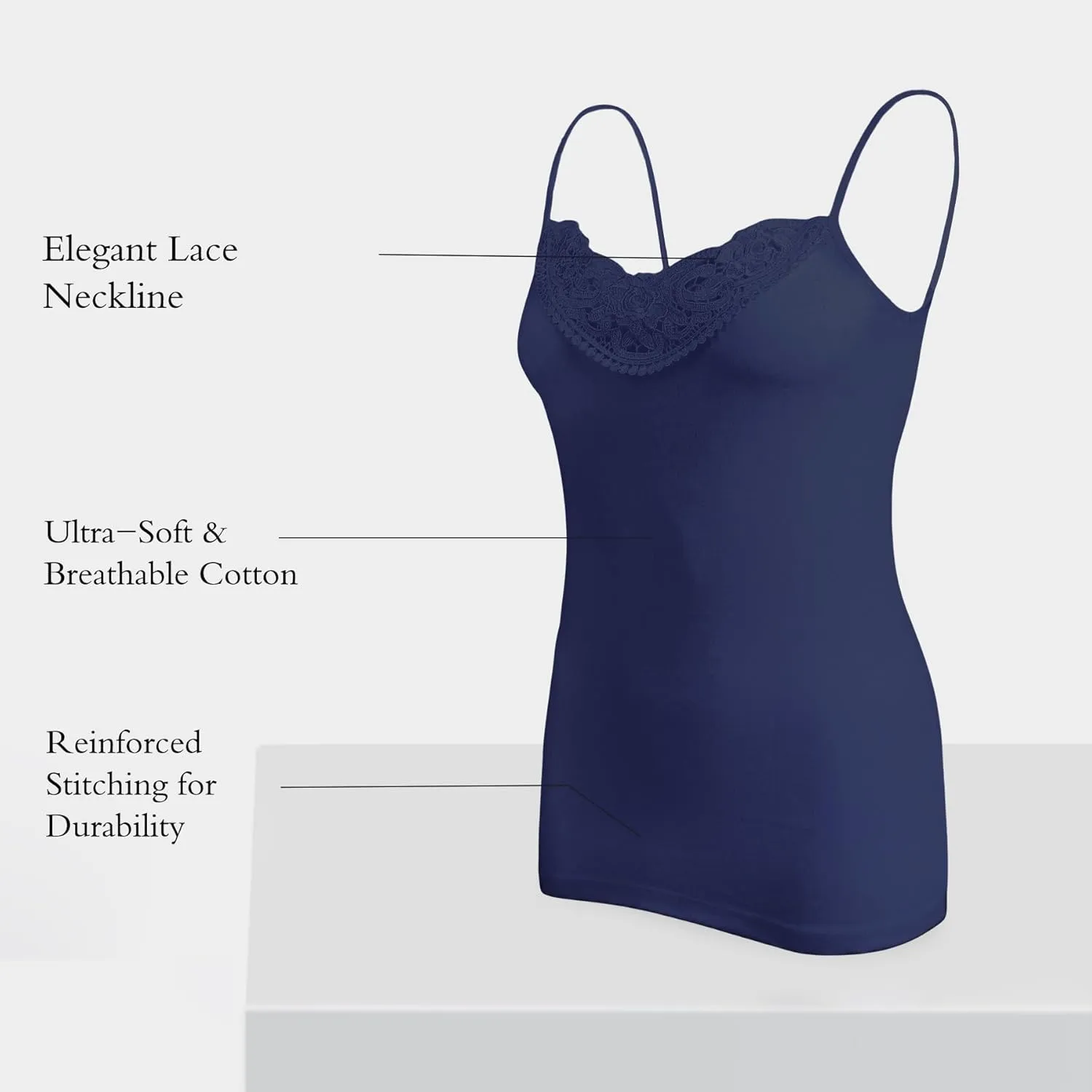 Womens Tank Top Camisoles with Premium Cotton Italian Design - Trimmed with Flower Lace on Neckline