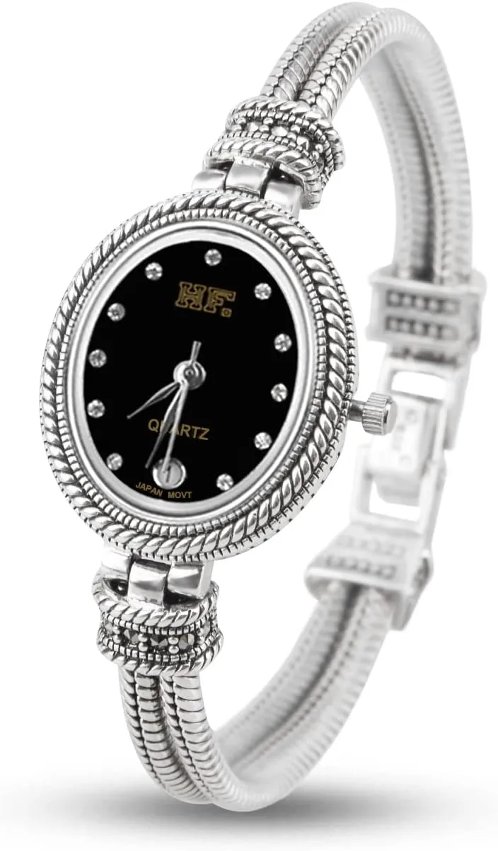 Women's Watch 925 Sterling Silver Thailand Vintage Style Ellipse Japan Movement Quartz Ladies Wristwatch Fine Jewelry (Black)