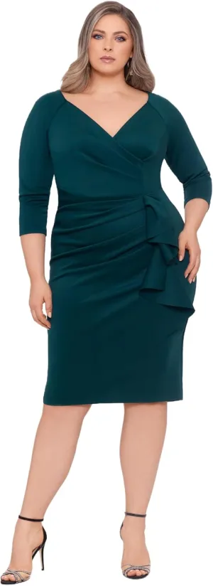 Xscape Women's Plus Size Midi V-Neck 3/4 Sleeve Side Ruched Dress