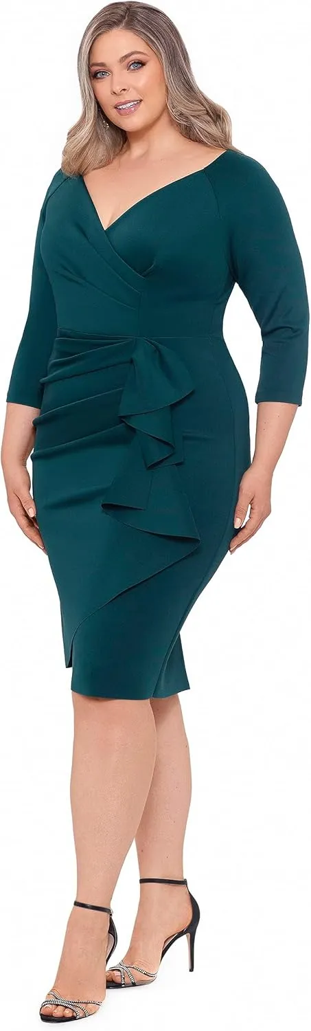 Xscape Women's Plus Size Midi V-Neck 3/4 Sleeve Side Ruched Dress