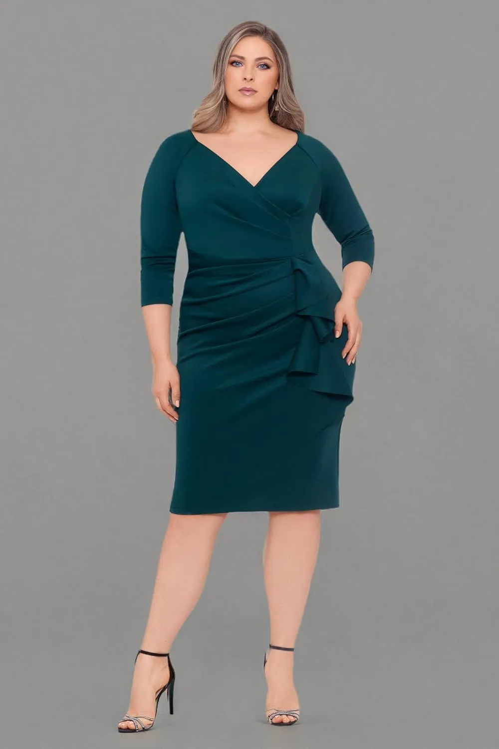 Xscape Women's Plus Size Midi V-Neck 3/4 Sleeve Side Ruched Dress