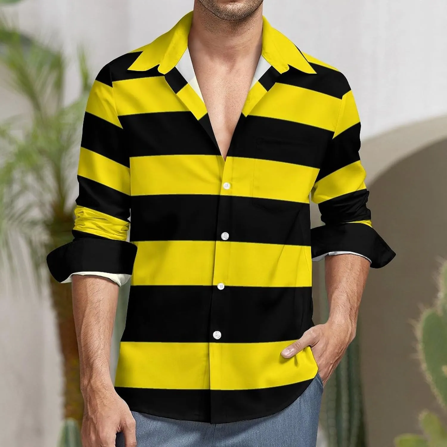 Yellow Black Striped Mens Shirts Long Sleeve Button Down Beach Shirts Business Wedding Dress Shirts