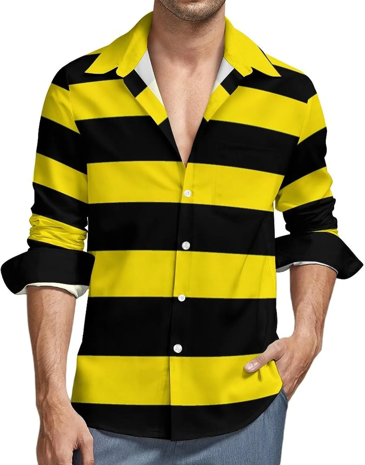 Yellow Black Striped Mens Shirts Long Sleeve Button Down Beach Shirts Business Wedding Dress Shirts