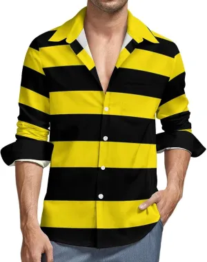 Yellow Black Striped Mens Shirts Long Sleeve Button Down Beach Shirts Business Wedding Dress Shirts