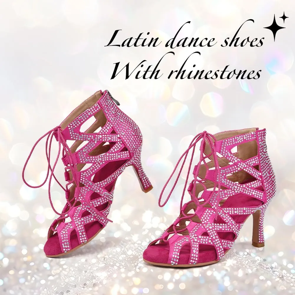 YKXLM Latin Dance Boots Salsa Bachata Ankle Open Toe Rhinestone Practice Performance Dancer Shoes Women
