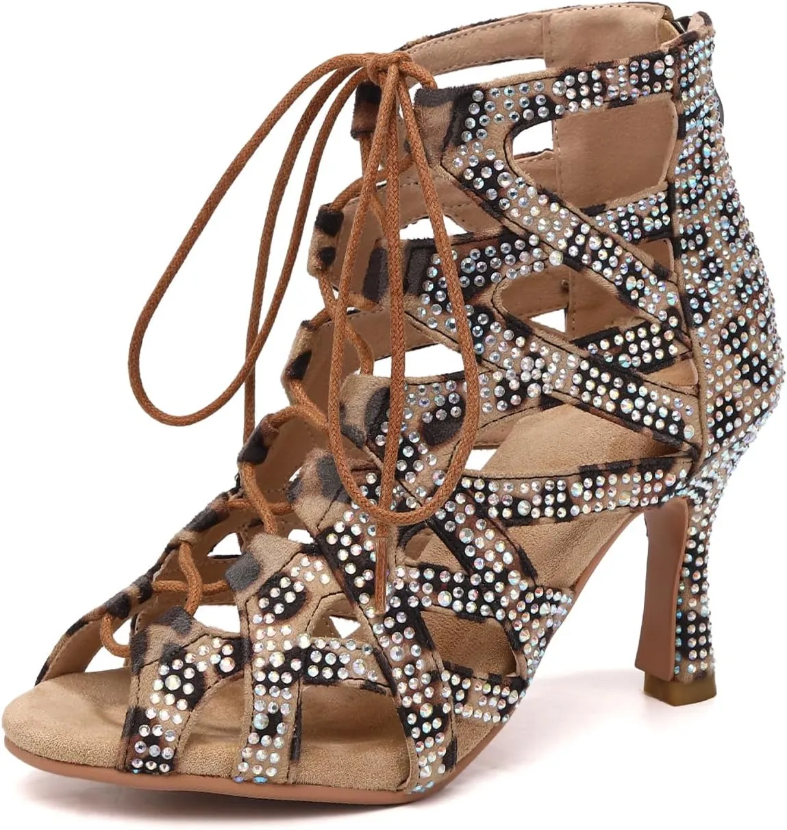 YKXLM Latin Dance Boots Salsa Bachata Ankle Open Toe Rhinestone Practice Performance Dancer Shoes Women