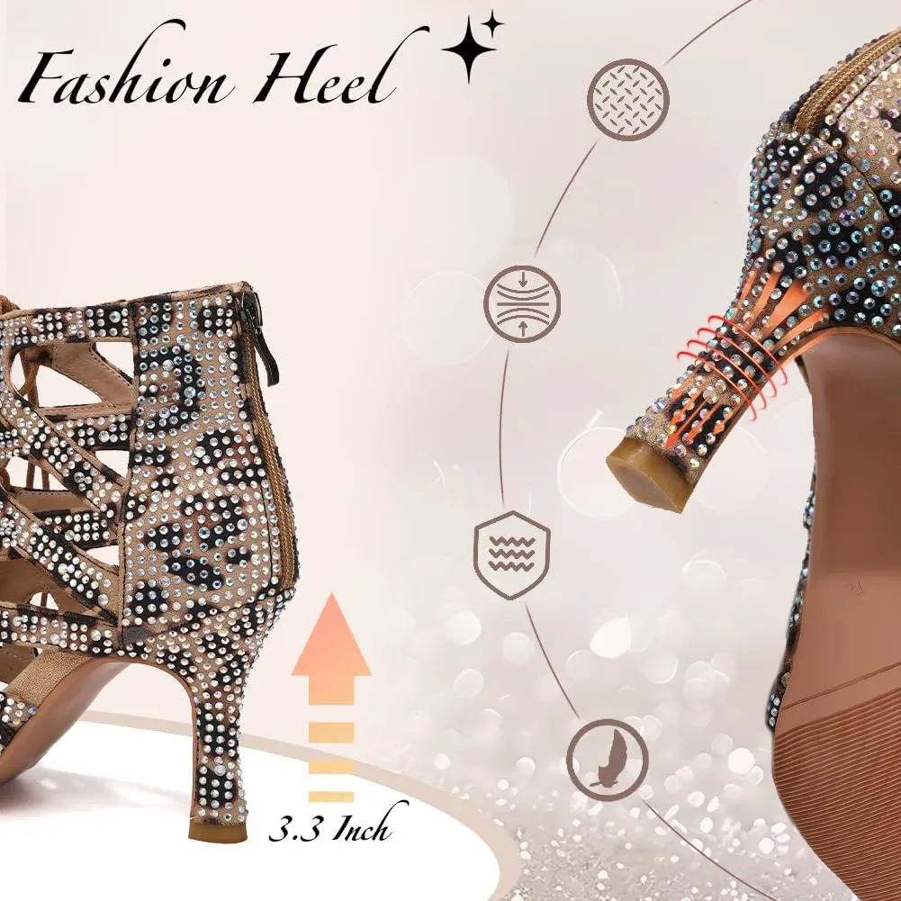 YKXLM Latin Dance Boots Salsa Bachata Ankle Open Toe Rhinestone Practice Performance Dancer Shoes Women