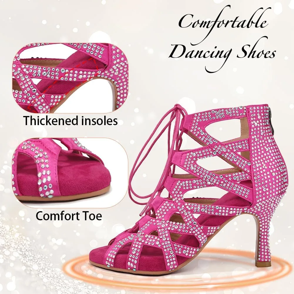 YKXLM Latin Dance Boots Salsa Bachata Ankle Open Toe Rhinestone Practice Performance Dancer Shoes Women