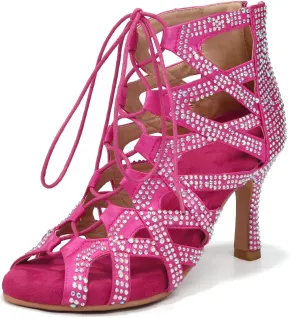 YKXLM Latin Dance Boots Salsa Bachata Ankle Open Toe Rhinestone Practice Performance Dancer Shoes Women