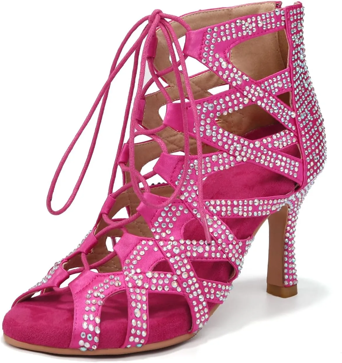 YKXLM Latin Dance Boots Salsa Bachata Ankle Open Toe Rhinestone Practice Performance Dancer Shoes Women