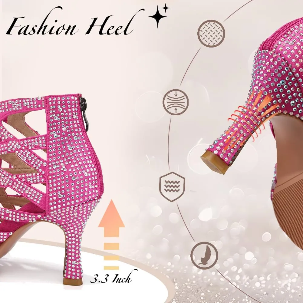 YKXLM Latin Dance Boots Salsa Bachata Ankle Open Toe Rhinestone Practice Performance Dancer Shoes Women