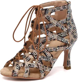 YKXLM Latin Dance Boots Salsa Bachata Ankle Open Toe Rhinestone Practice Performance Dancer Shoes Women