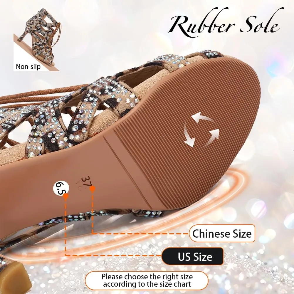 YKXLM Latin Dance Boots Salsa Bachata Ankle Open Toe Rhinestone Practice Performance Dancer Shoes Women