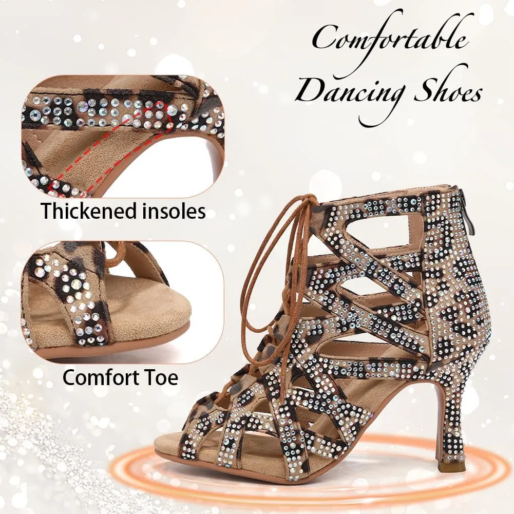 YKXLM Latin Dance Boots Salsa Bachata Ankle Open Toe Rhinestone Practice Performance Dancer Shoes Women