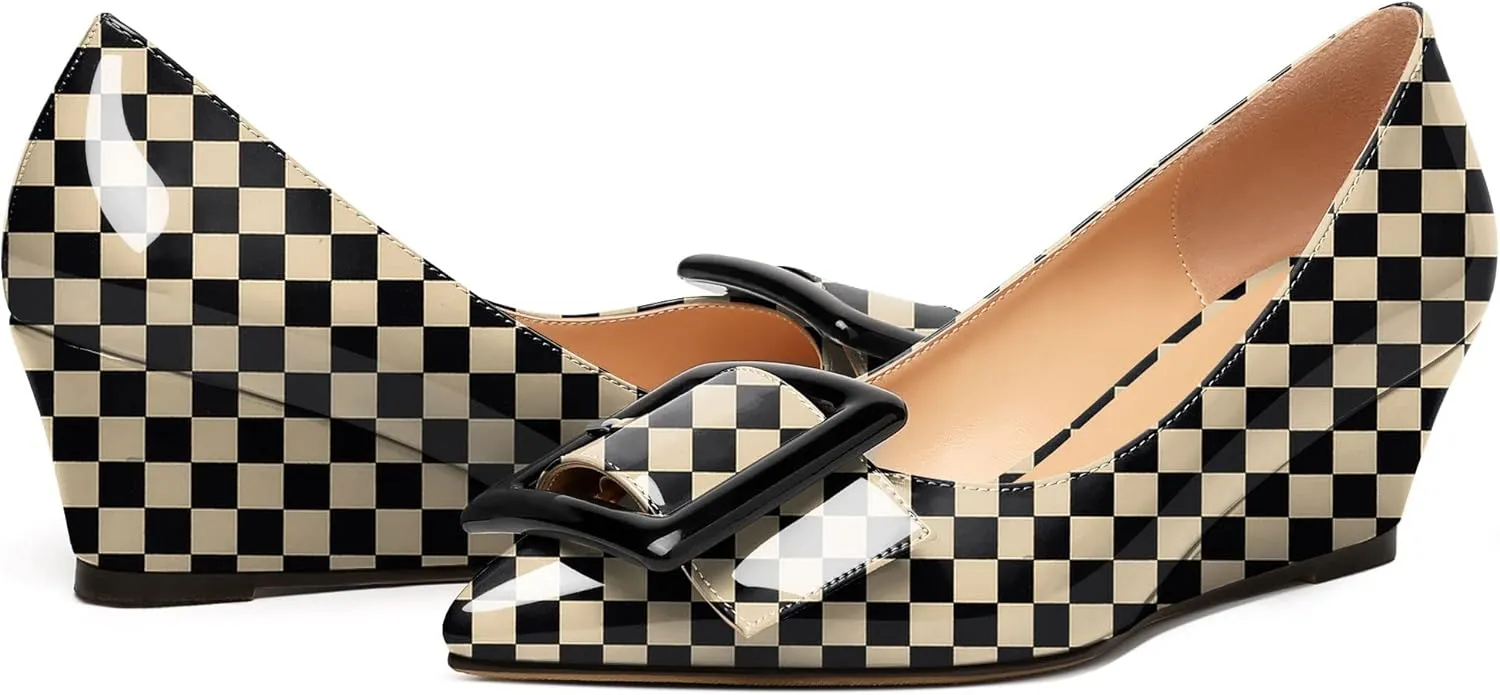 Zamikoo Women Wedge Heel Pumps Low Heel Slip On Pumps 2 Inch Closed Pointy Toe Dress Shoes with Buckle for Work Casual Daily Life Party Dress