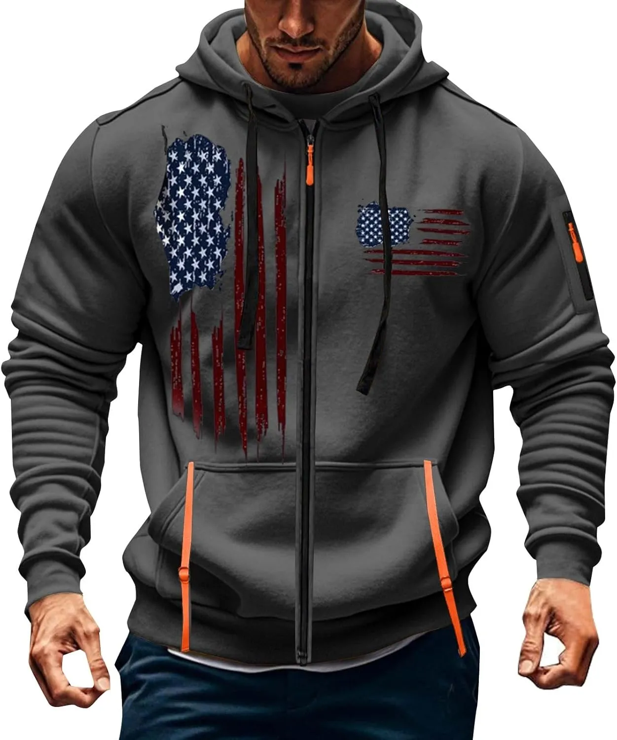 Zipper Hoodies for Men Graphic American Flag Tactical Hooded Sweatshirts Long Sleeve Athletic Jacket With Pockets