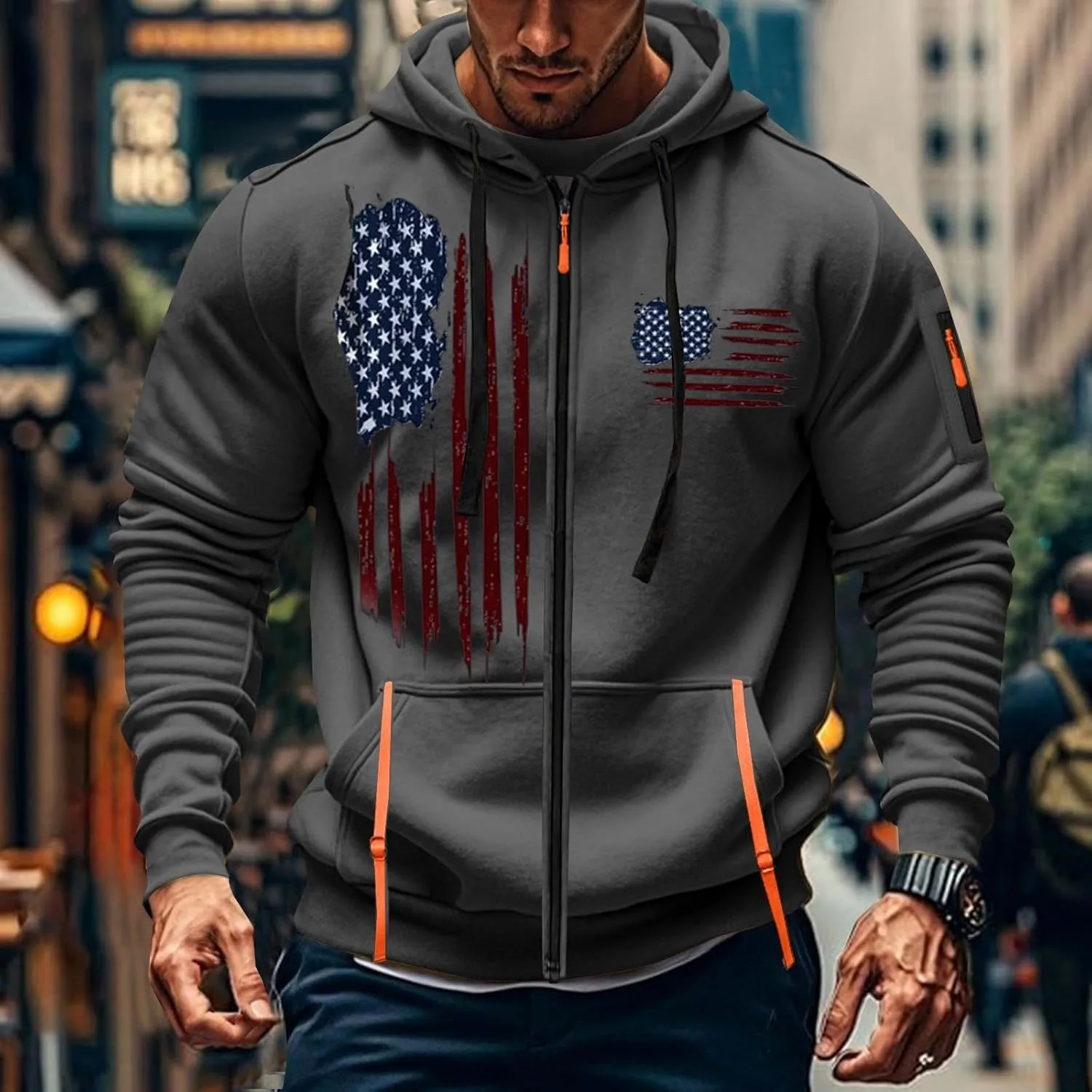 Zipper Hoodies for Men Graphic American Flag Tactical Hooded Sweatshirts Long Sleeve Athletic Jacket With Pockets